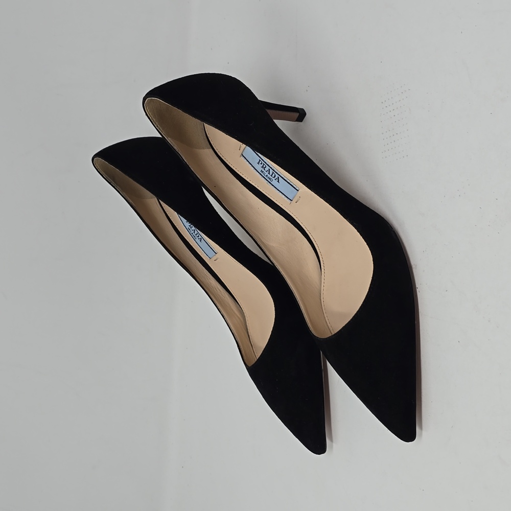 Prada Camoscio 65mm Pumps Suede Pointed Toe Kitten Heel Black Size 36